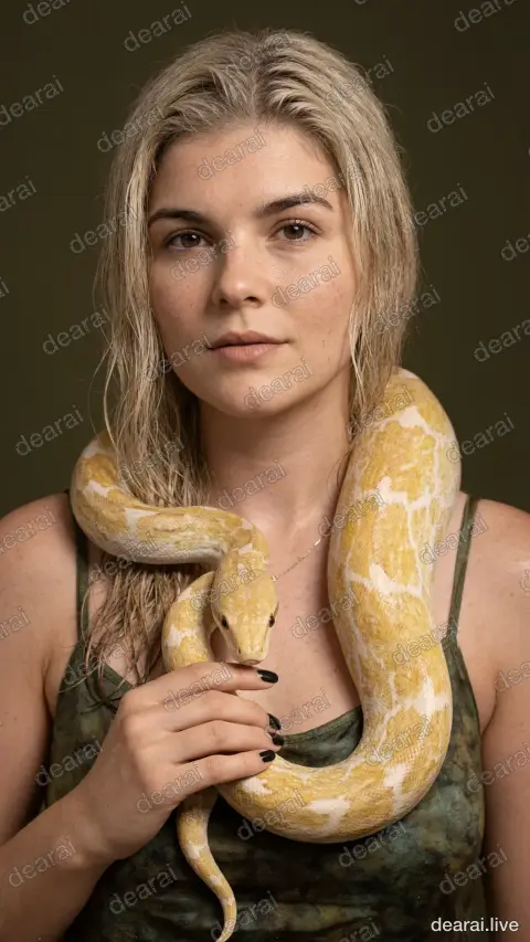 <<<37e5549f-6a42-47a1-a648-0c71a7c0e97c>>> Is posing with the snake in image <<<start_frame>>> While is is trying to hold head gear. 