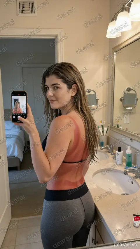 <<<start_frame>>> Shows her sun burn to the camera POV . Her face carries the pain and distress of her sun burn . Character facial structure reference <<<37e554