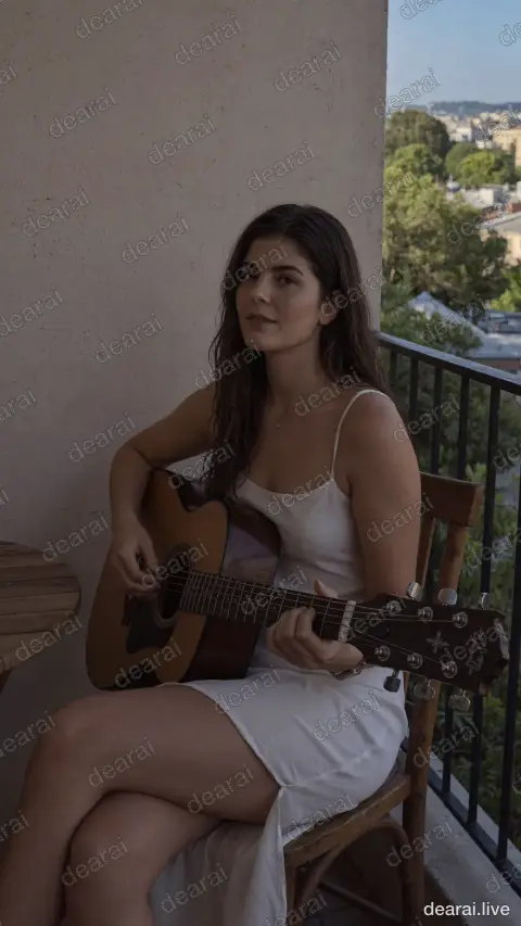 Character playing the guitar with charm, beauty and passion while looking at the camera 